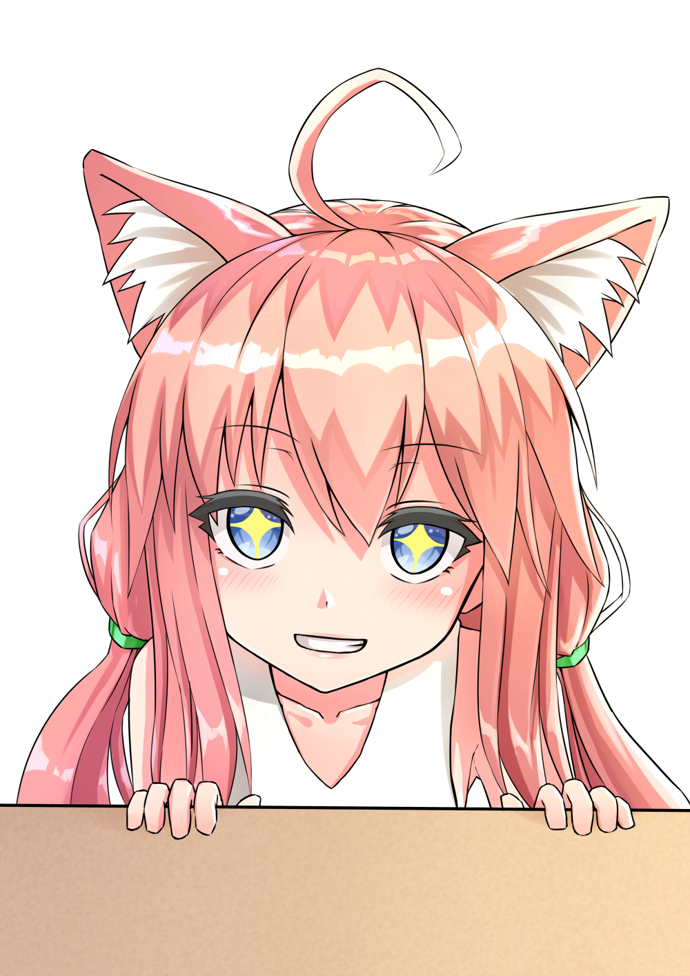 +_+ 1girl ahoge animal_ears bangs bare_shoulders blue_eyes blush cat_ears collarbone eyebrows_visible_through_hair grin hair_between_eyes highres hinata_channel jd_(bibirijd) long_hair looking_at_viewer low_twintails nekomiya_hinata pink_hair sidelocks simple_background smile solo tank_top twintails very_long_hair virtual_youtuber white_background white_tank_top