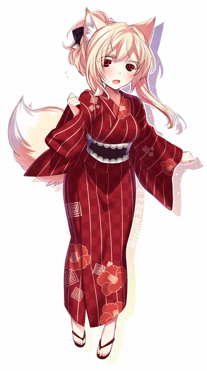 1girl :d animal_ears black_bow blonde_hair blush bow commentary_request dated drop_shadow flying_sweatdrops fox_ears fox_tail full_body hair_bow japanese_clothes kimono konshin long_sleeves looking_at_viewer open_mouth original red_eyes red_kimono sandals sash signature simple_background smile solo standing tail white_background wide_sleeves