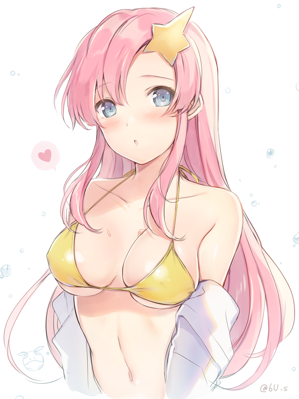 1girl 6u_(eternal_land) bikini blue_eyes blush breasts cleavage commentary_request erect_nipples gundam gundam_seed gundam_seed_destiny hair_ornament large_breasts meer_campbell navel off-shoulder_shirt pink_hair shirt solo star star_hair_ornament swimsuit under_boob yellow_bikini