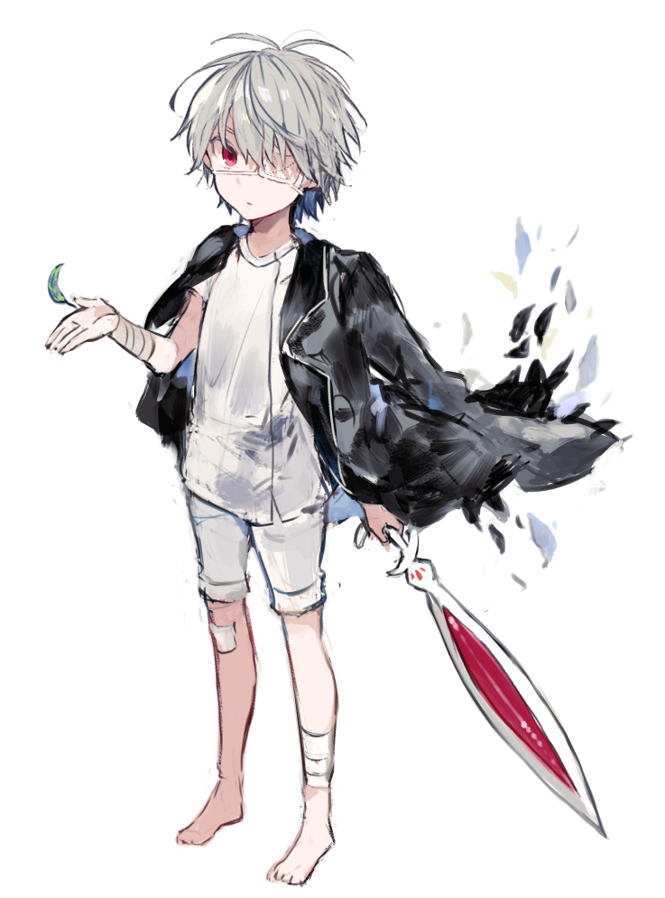 1boy bandage bandaged_arm bandaged_leg bandaid bandaid_on_knee barefoot black_jacket eyepatch full_body grey_hair hand_up holding holding_weapon ikeuchi_tanuma jacket jacket_on_shoulders leaf leather leather_jacket left-handed looking_at_viewer male_focus medical_eyepatch nagisa_kaworu neon_genesis_evangelion neon_genesis_evangelion_gakuen_datenroku one_eye_covered open_clothes open_hand open_jacket red_eyes shirt short_sleeves simple_background solo standing sword weapon white_background white_shirt