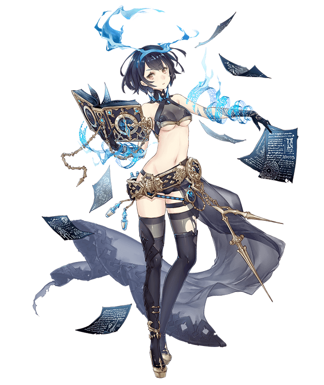 1girl alice_(sinoalice) beltskirt black_hair book boots breasts brown_eyes full_body hair_ribbon jino looking_at_viewer navel official_art pages revealing_clothes ribbon short_hair sinoalice solo tattoo thigh-highs thigh_boots torn_clothes torn_thighhighs transparent_background under_boob