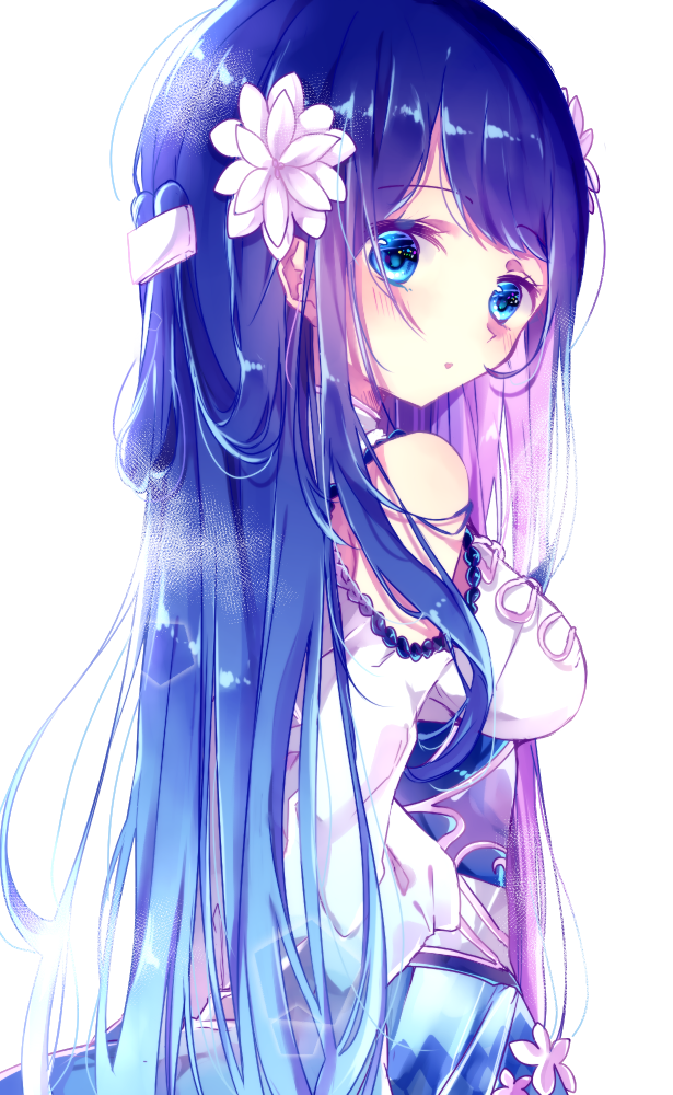 1girl bangs blue_eyes blue_hair blush breasts dress eyebrows_visible_through_hair flower hair_flower hair_ornament hairclip long_hair long_sleeves looking_away looking_to_the_side medium_breasts multicolored_hair naoton original parted_lips purple_hair shoulder_cutout simple_background solo two-tone_hair very_long_hair white_background white_dress white_flower