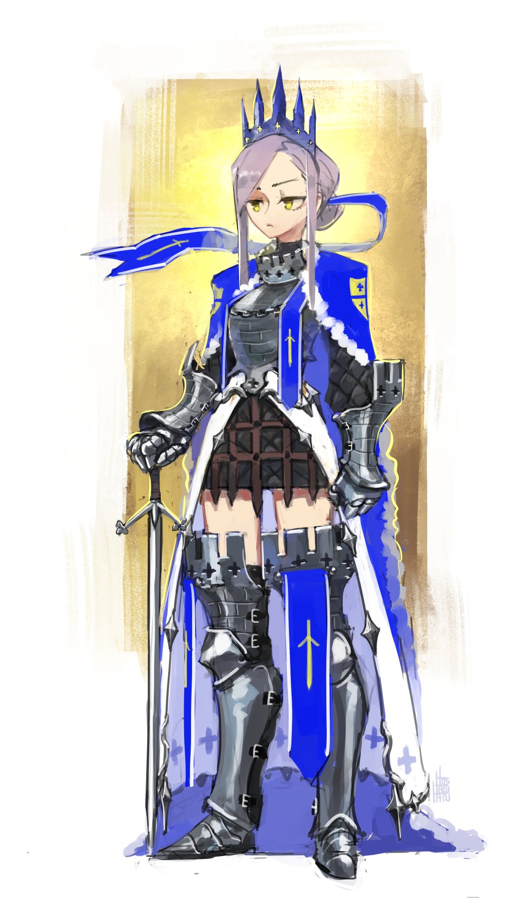 1girl bangs blue_cape boots breastplate cape clenched_hand closed_mouth commentary crown english_commentary fur_trim gauntlets hair_bun hand_on_hilt highres holding holding_sword holding_weapon knight original parted_bangs purple_hair solo standing sword thigh-highs thigh_boots tostantan weapon yellow_background yellow_eyes zettai_ryouiki