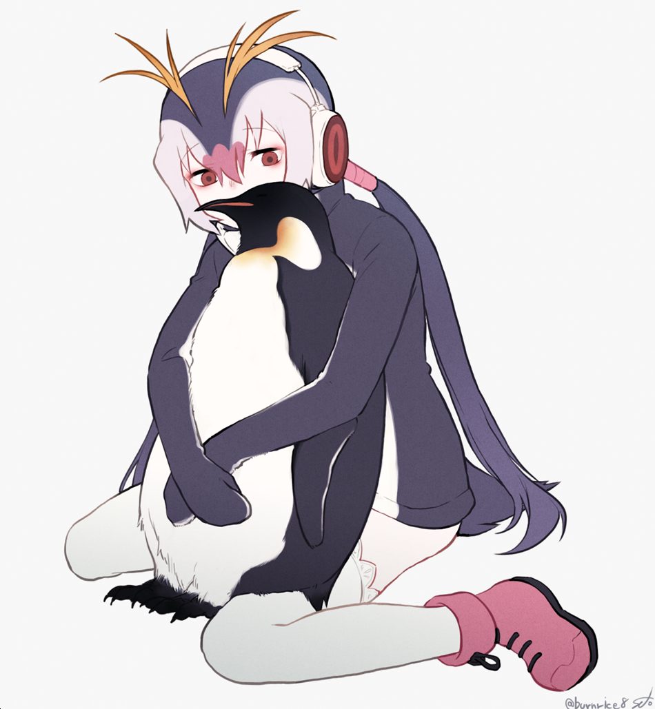 1girl animal black_hair blonde_hair boots commentary_request emperor_penguin eyebrows_visible_through_hair headphones hood hoodie kemono_friends long_hair long_sleeves multicolored_hair object_hug penguin_tail red_eyes royal_penguin_(kemono_friends) seto_(harunadragon) signature sitting solo tail twintails wariza white_hair