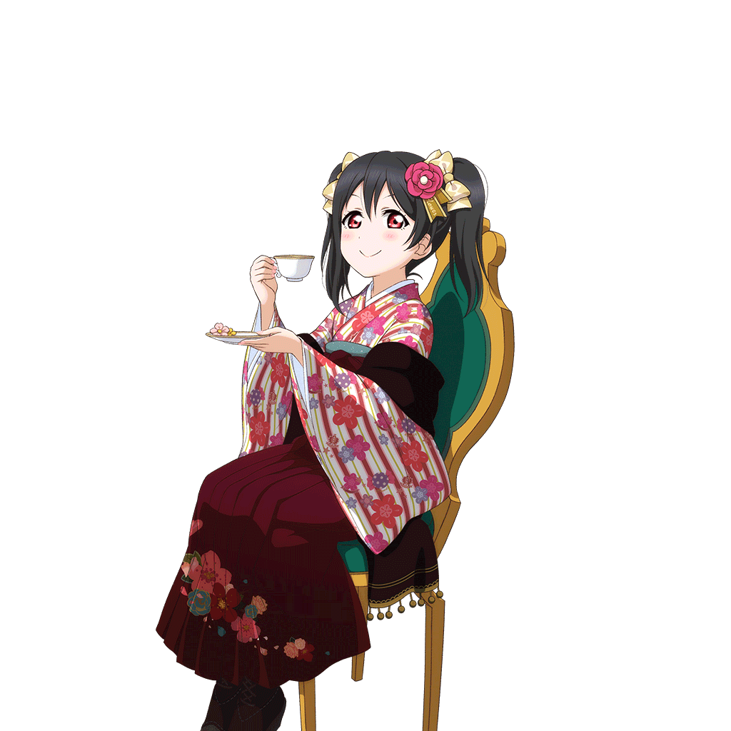1girl alternate_costume artist_request bangs black_hair blush boots bow chair cup floral_print hair_bow hair_ornament hakama japanese_clothes kimono long_hair looking_at_viewer love_live! love_live!_school_idol_festival love_live!_school_idol_project meiji_schoolgirl_uniform official_art plate red_eyes sitting smile solo teacup transparent_background twintails yazawa_nico