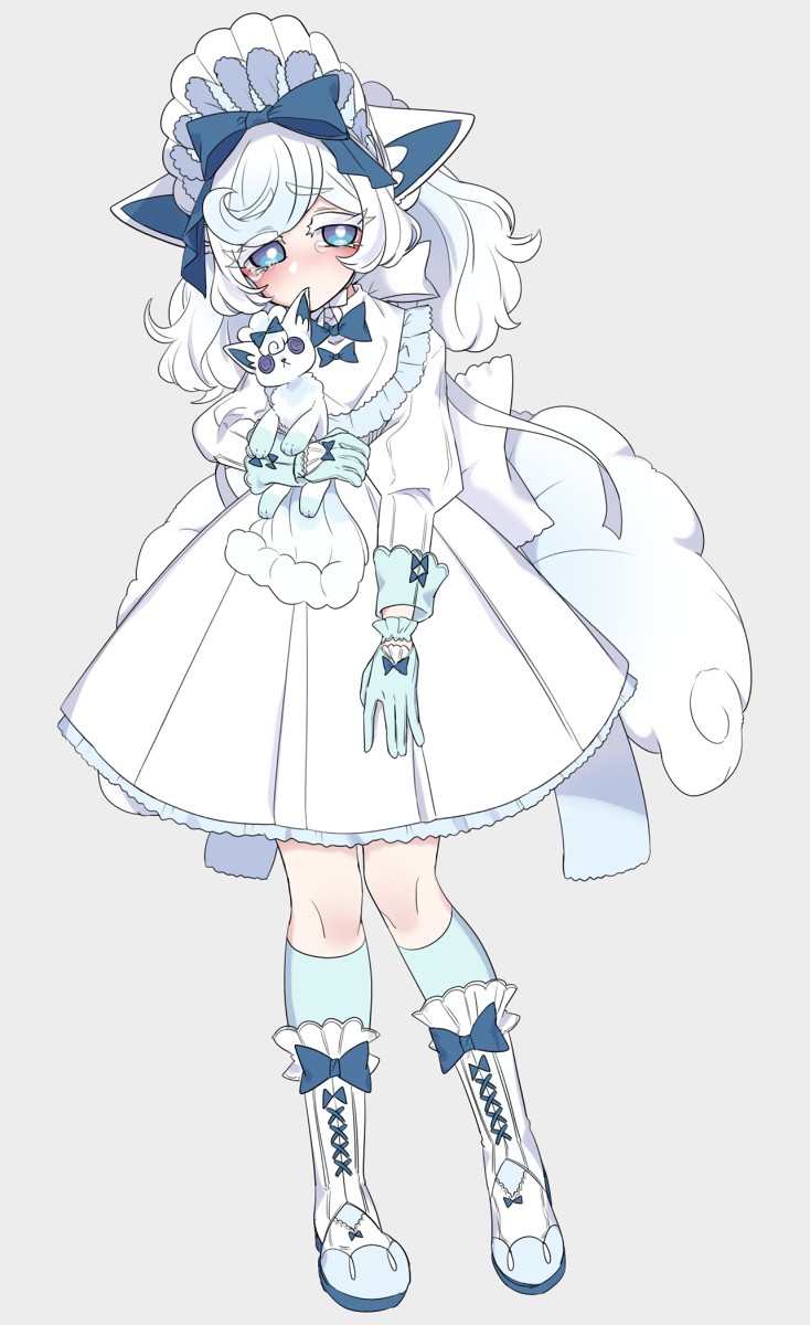 1girl alola_form alolan_vulpix animal_ears bangs blue_bow blue_eyes blue_gloves blue_hair blue_legwear bonnet boots bow bright_pupils capelet colored_eyelashes cross-laced_footwear dress eyebrows eyebrows_visible_through_hair fox_ears fox_girl fox_tail full_body furrowed_eyebrows gen_7_pokemon gloves gradient_hair hair_bow highres hime_(ohime_pkg) holding kneehighs lace-up_boots legs_apart long_hair long_sleeves moemon multicolored_hair multiple_tails personification pokemon puffy_long_sleeves puffy_sleeves silver_background sleeve_cuffs solo stuffed_toy tail tears two-tone_hair vulpix white_bow white_capelet white_dress white_footwear white_hair white_pupils