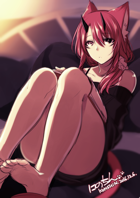 1girl animal_ears bare_arms bare_shoulders barefoot black_eyes black_sweater blurry blurry_background blurry_foreground book commentary_request convenient_leg dated depth_of_field hair_between_eyes hair_ornament hair_scrunchie heterochromia holding holding_book horn konshin looking_at_viewer original parted_lips pink_eyes redhead scrunchie signature sitting solo sweater tail