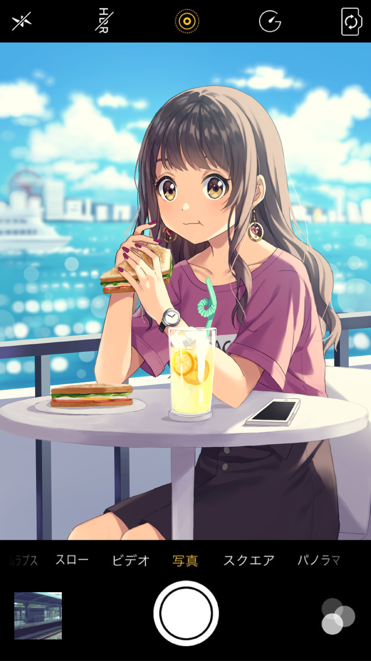 1girl :t bangs blue_sky blurry blurry_background blush brown_eyes brown_hair brown_skirt cellphone chair cityscape closed_mouth clothes_writing clouds cloudy_sky commentary_request crazy_straw cup day depth_of_field drink drinking_glass drinking_straw earrings eating ferris_wheel fingernails food fruit highres holding holding_food jewelry kim_bae-eo lemon lemon_slice long_hair looking_at_viewer nail_polish ocean original outdoors phone phone_screen purple_nails purple_shirt sandwich ship shirt short_sleeves sitting skirt sky smartphone solo table translated watch water watercraft