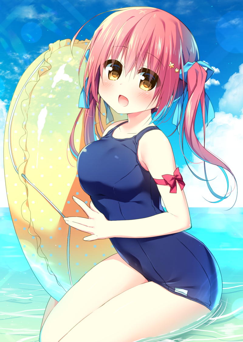 1girl :d bangs bare_legs bare_shoulders blue_bow blue_sky blush bow brown_eyes clouds collarbone day eyebrows_visible_through_hair hair_between_eyes hair_bow hanamiya_natsuka head_tilt horizon innertube long_hair looking_at_viewer ocean one-piece_swimsuit open_mouth original outdoors pink_hair polka_dot polka_dot_innertube school_swimsuit shallow_water sitting sky smile solo swimsuit transparent twintails water yellow_innertube