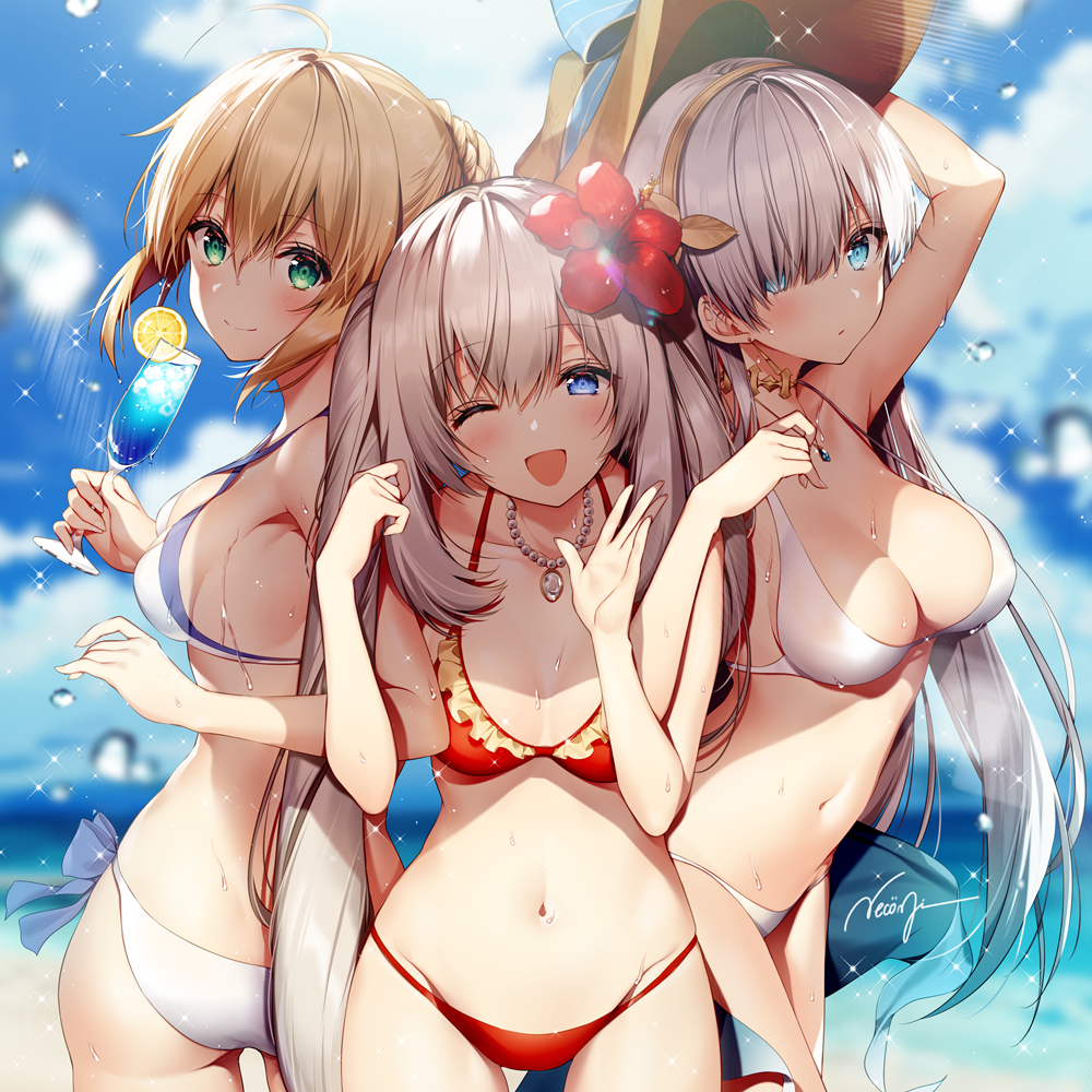 3girls :d ahoge alternate_costume anastasia_(fate/grand_order) artoria_pendragon_(all) artoria_pendragon_(swimsuit_archer) ass bangs bare_shoulders beach bikini blonde_hair blue_eyes blue_sky blurry blurry_background blush breasts breasts_apart choker cleavage closed_mouth collarbone commentary_request cowboy_shot cup day drinking_glass eyebrows_visible_through_hair fate/grand_order fate_(series) flower food fruit green_eyes groin hair_between_eyes hair_flower hair_ornament hair_over_one_eye hair_ribbon hairband hand_on_headwear hat head_tilt holding holding_drinking_glass jewelry large_breasts lemon lemon_slice light_particles light_rays locked_arms long_hair looking_at_viewer marie_antoinette_(fate/grand_order) medium_breasts multiple_girls necklace necomi ocean one_eye_closed open_mouth outdoors red_bikini ribbon saber sand sarong shade side-tie_bikini signature silver_hair sky smile stomach sun_hat swimsuit thighs tropical_drink twintails very_long_hair waving wet white_bikini