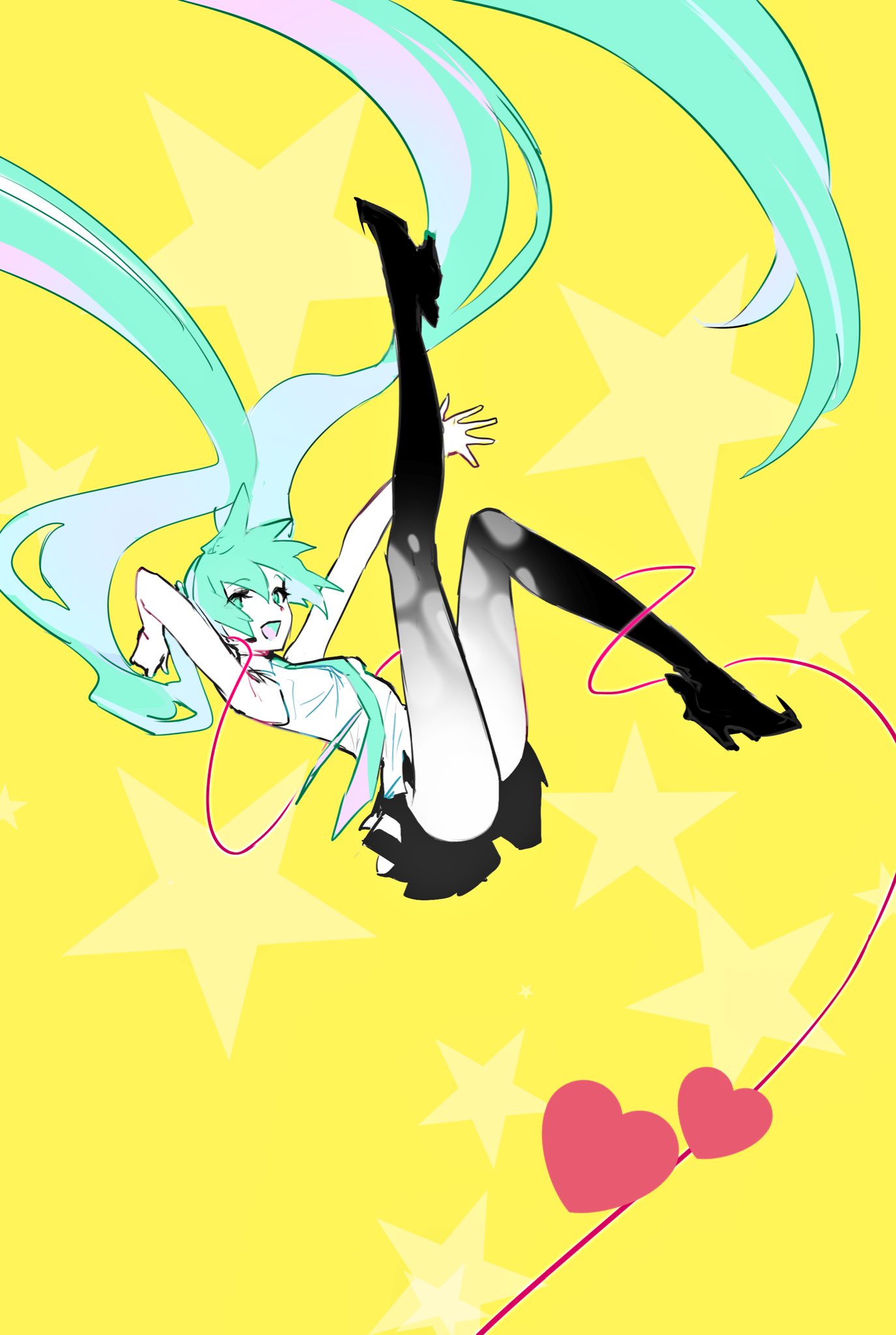 1girl :d absurdly_long_hair black_skirt blue_eyes blue_hair blue_neckwear floating floating_hair hatsune_miku heart high_heels highres leg_up limited_palette long_hair looking_at_viewer maruchi necktie open_mouth red_string shirt skirt sleeveless sleeveless_shirt smile solo star string very_long_hair vocaloid yellow_background