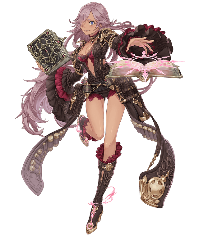 1girl ammunition blue_eyes book boots choker cinderella_(sinoalice) dark_skin frills full_body grin hair_over_one_eye jino long_hair looking_at_viewer navel_cutout official_art purple_hair sinoalice smile solo standing standing_on_one_leg transparent_background wide_sleeves