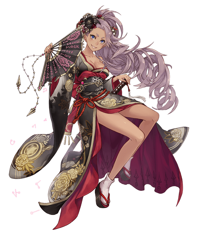 1girl angelic_alphabet blue_eyes cinderella_(sinoalice) curly_hair dark_skin fan full_body japanese_clothes jino kimono long_hair long_ponytail off_shoulder official_art paper_fan platform_footwear ponytail purple_hair sandals sinoalice socks solo sword sword_hilt transparent_background weapon