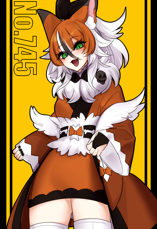 1girl :3 :d animal_ears bangs black_hair black_nails bone bow bridal_gauntlets eyebrows eyebrows_visible_through_hair eyes_visible_through_hair fang fingernails fur_collar gen_7_pokemon hair_between_eyes hime_(ohime_pkg) japanese_clothes kimono long_hair long_sleeves lycanroc multicolored_hair nail_polish number obi open_mouth orange_bow orange_hair orange_kimono personification pokemon sash skull smile solo streaked_hair thigh-highs tongue white_hair white_legwear wide_sleeves wolf_ears yellow_background zettai_ryouiki