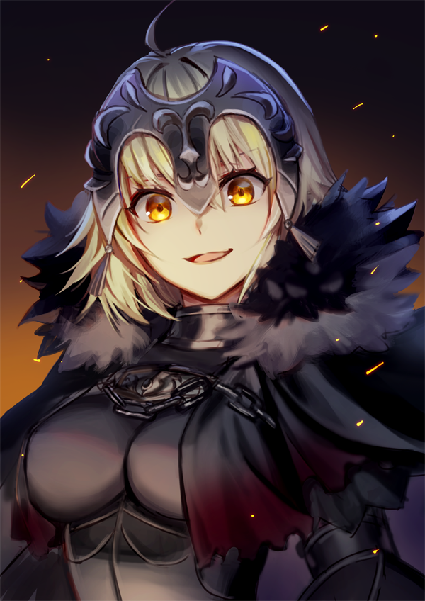 1girl ahoge ahri_(ari_30305) armor armored_dress breasts chains fate/grand_order fate_(series) flag fur_trim headpiece jeanne_d'arc_(alter)_(fate) jeanne_d'arc_(fate)_(all) large_breasts looking_at_viewer open_mouth silver_hair solo yellow_eyes