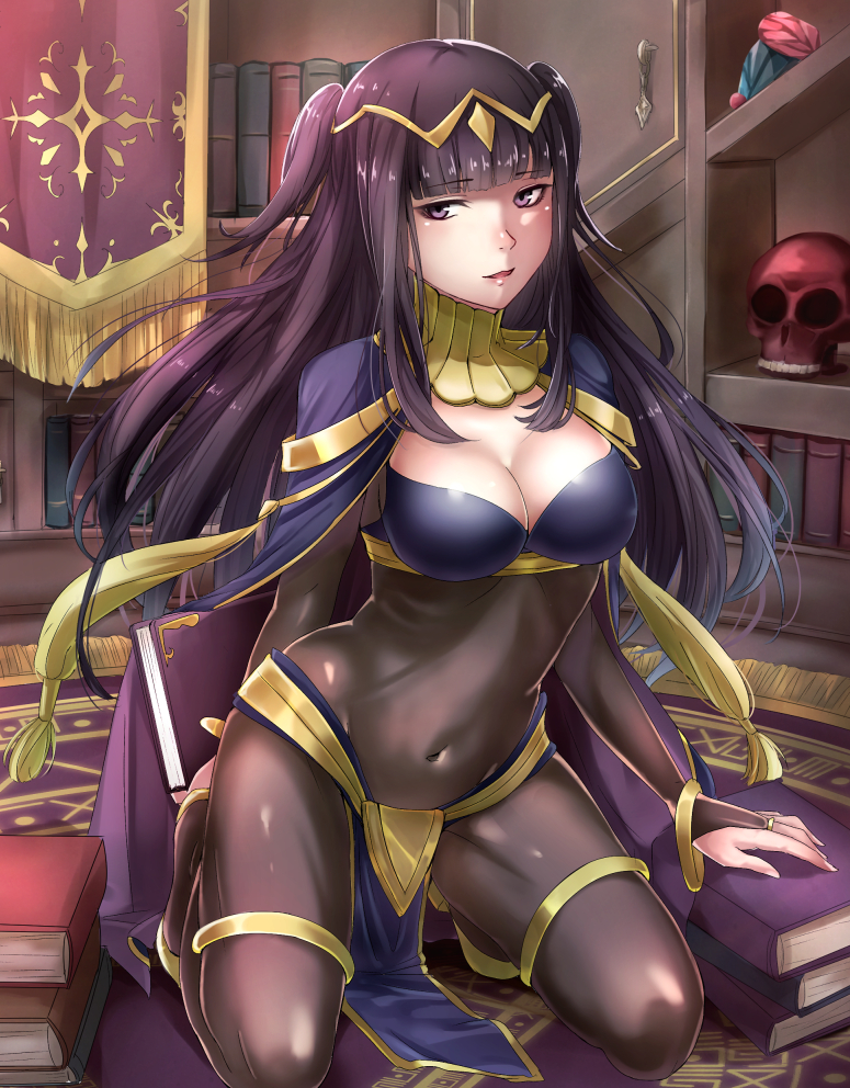 1girl bangle bangs black_hair blunt_bangs bodystocking bodysuit bracelet breasts bridal_gauntlets cape circlet cleavage covered_navel fire_emblem fire_emblem:_kakusei haru_(nakajou-28) jewelry long_hair looking_at_viewer skin_tight smile solo tharja tiara two_side_up