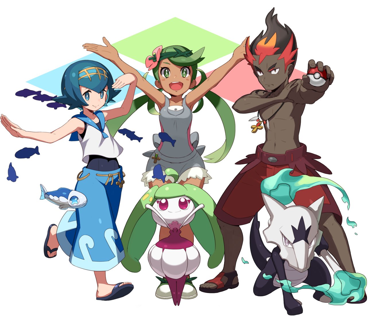 1boy 2girls black_skin blue_eyes blue_hair brown_hair dark_skin dress green_eyes green_hair multiple_girls overalls pokemon redhead sailor_dress shorts sleeveless tagme tonami_kanji