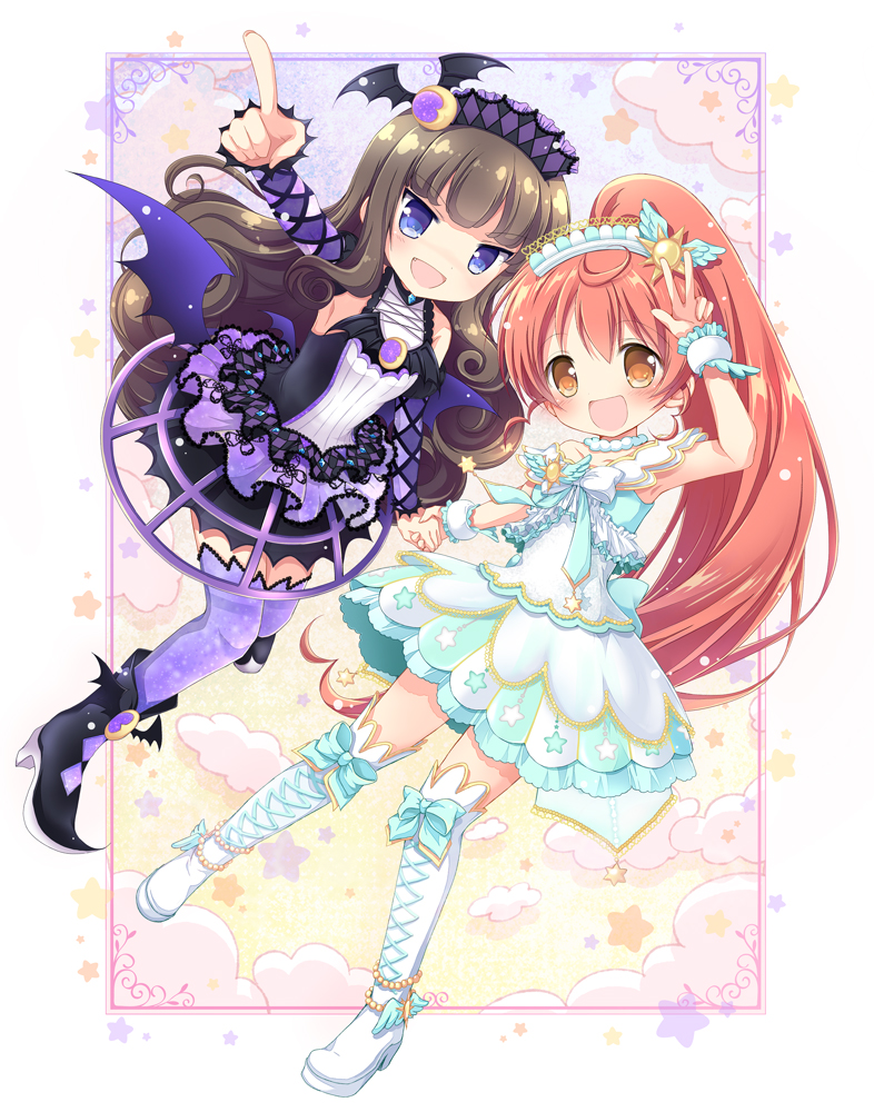 2girls :d ahoge bat_wings black_bow black_footwear blue_bow blue_dress blue_eyes blue_footwear boots bow brown_hair detached_sleeves dress fang hairband hand_holding kurosu_aroma light_blue_dress long_hair long_sleeves looking_at_viewer multiple_girls nanase_miori open_mouth orange_eyes pointing pointing_at_viewer ponytail pripara purple_dress redhead shiratama_mikan sleeveless smile star starry_background v wings yellow_background