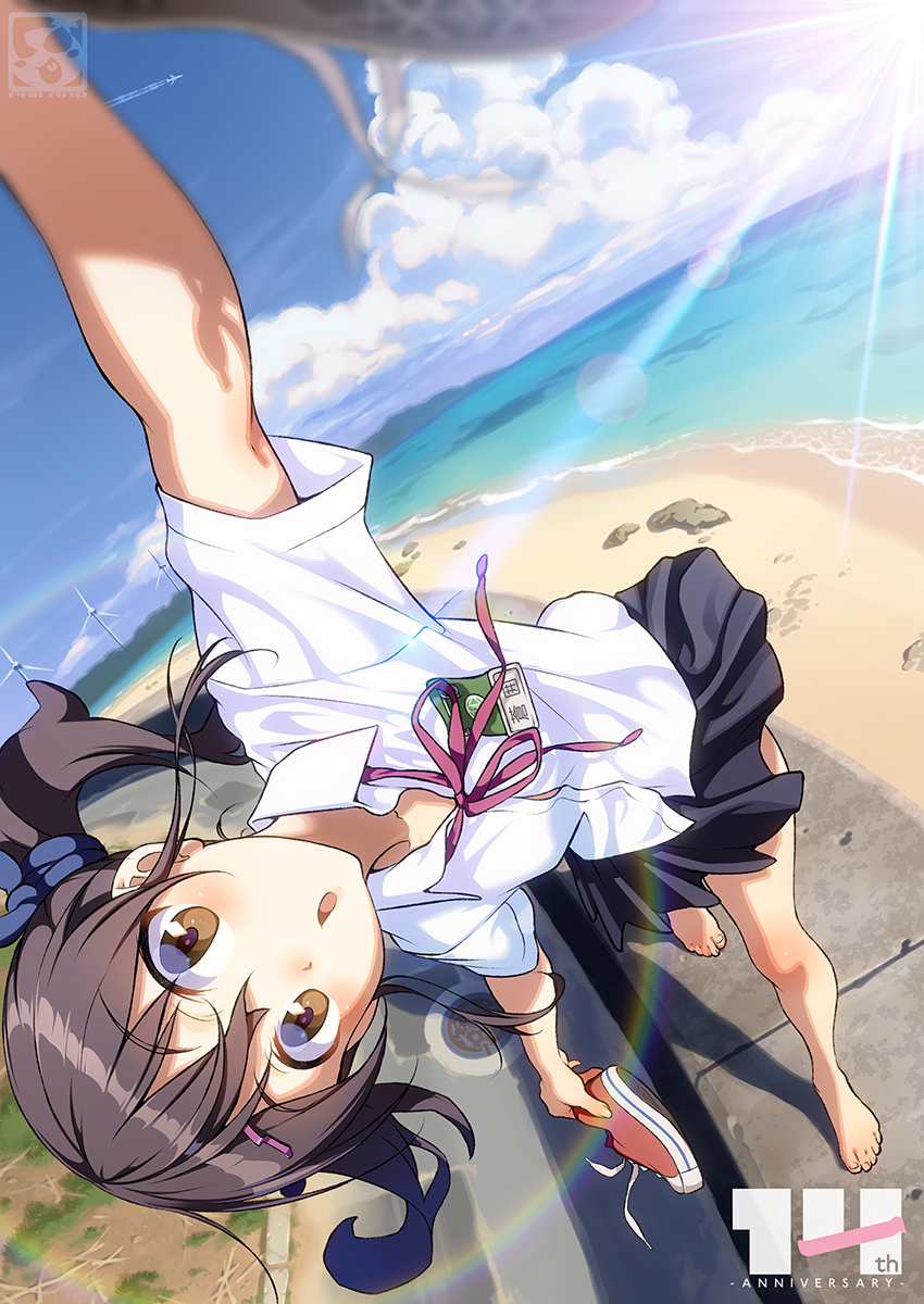 1girl aoi_sora_(pairan) beach brown_eyes brown_hair hair_ornament hairclip highres ocean okinawa open_mouth original pairan red_footwear uniform