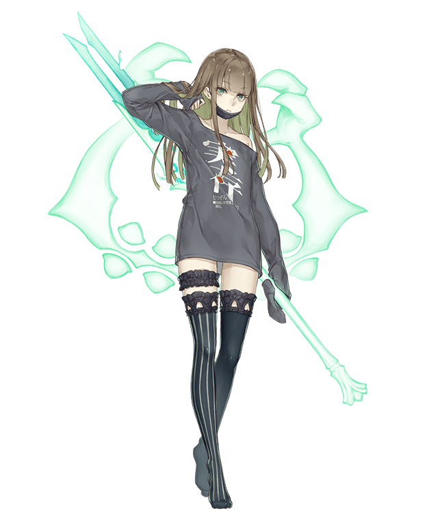 1girl aqua_eyes brown_hair contemporary energy_weapon eyebrows_visible_through_hair face_mask full_body gretel_(sinoalice) jino legs_crossed long_hair mask off_shoulder official_art oversized_clothes polearm reverse_grip sinoalice sleeves_past_wrists solo spear thigh-highs transparent_background watson_cross weapon