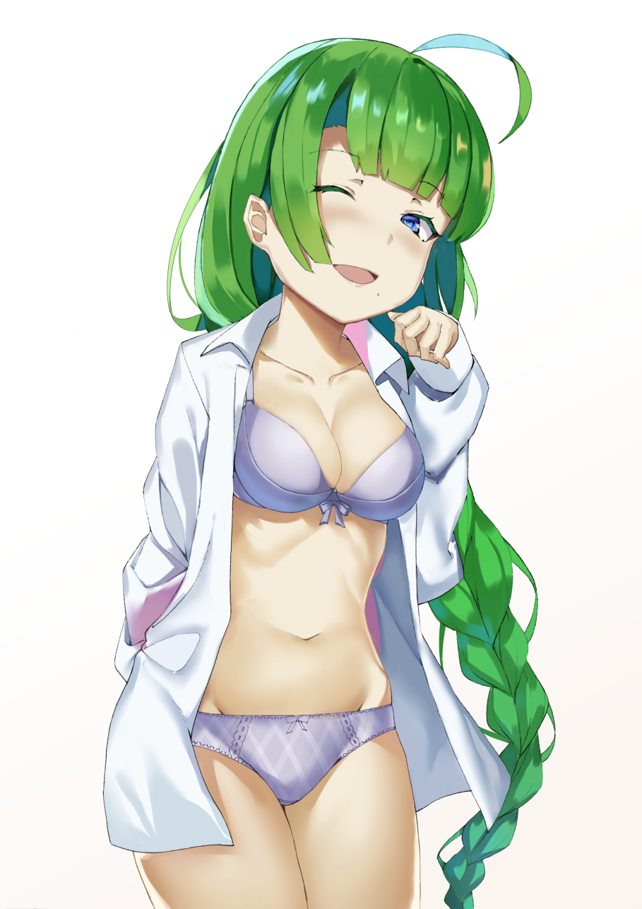 1girl ahoge bow bow_panties bra braid breasts cleavage commentary_request cowboy_shot dress_shirt frilled_panties frills green_hair groin highres kantai_collection leaning_forward long_hair mole mole_under_mouth navel one_eye_closed open_clothes open_mouth open_shirt panties plaid plaid_panties pooor_(stillul711) purple_bra purple_panties shirt simple_background single_braid smile solo underwear very_long_hair white_background white_shirt yuugumo_(kantai_collection)