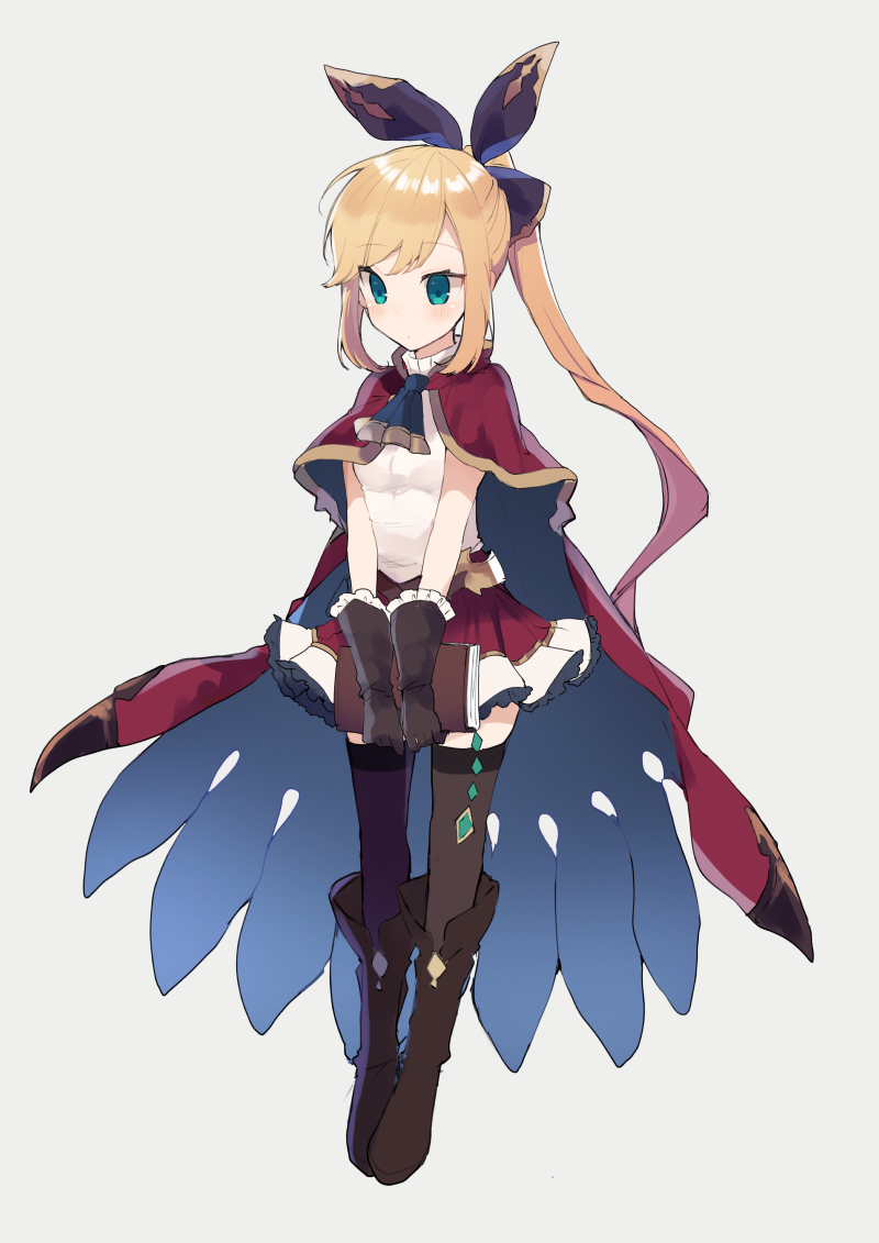 1girl ascot blonde_hair blue_eyes blue_neckwear blush book boots bow brown_footwear brown_gloves brown_legwear cape clarisse_(granblue_fantasy) closed_mouth eyebrows_visible_through_hair full_body gloves granblue_fantasy grey_background hair_bow holding holding_book ikeuchi_tanuma knee_boots legs_together long_hair pleated_skirt ponytail red_cape red_skirt shirt simple_background skirt solo standing thigh-highs white_shirt