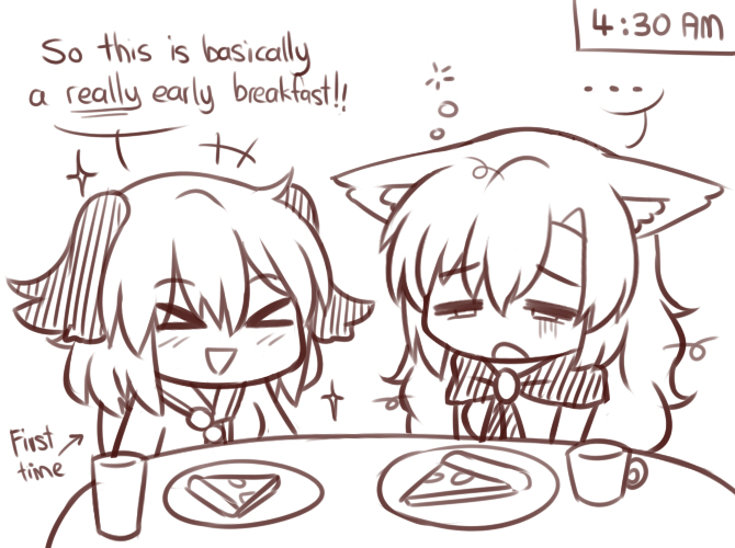 &gt;_&lt; ... 2girls animal_ears ascot brooch commentary cup dog_ears drinking_glass english eyebrows_visible_through_hair food hair_between_eyes imaizumi_kagerou jewelry kasodani_kyouko lineart long_hair messy_hair multiple_girls pizza plate ramadan short_hair simple_background sleepy table time tired touhou triangle_mouth wolf_ears wool_(miwol)