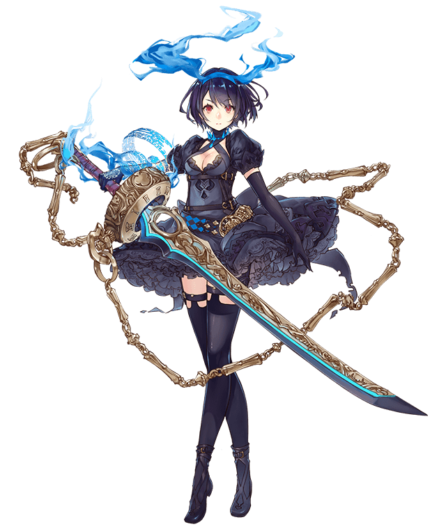 1girl alice_(sinoalice) black_hair chains elbow_gloves eyebrows_visible_through_hair frilled_skirt frills full_body gloves hair_ribbon jino legs_crossed looking_at_viewer official_art puffy_sleeves red_eyes ribbon short_hair sinoalice skirt solo sword thigh-highs transparent_background watson_cross weapon