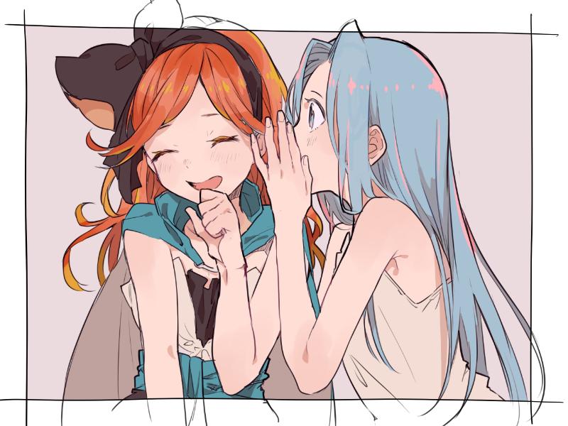 2girls blue_eyes blue_hair cape closed_eyes dress granblue_fantasy hair_ribbon laughing lyria_(granblue_fantasy) multiple_girls orange_hair ribbon sara_(granblue_fantasy) sleeveless sleeveless_dress whispering white_border