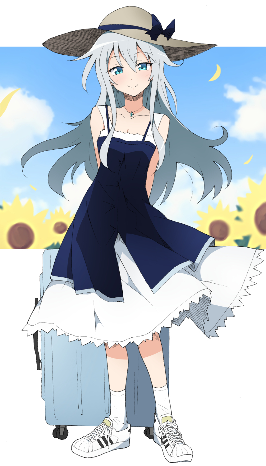 1girl blue_eyes breasts case clouds cloudy_sky dress eyebrows_visible_through_hair graphite_(medium) hair_between_eyes hat hibiki_(kantai_collection) highres kantai_collection long_dress long_hair looking_at_viewer mechanical_pencil nel-c pencil shoes silver_hair sky small_breasts smile sneakers solo traditional_media white_legwear