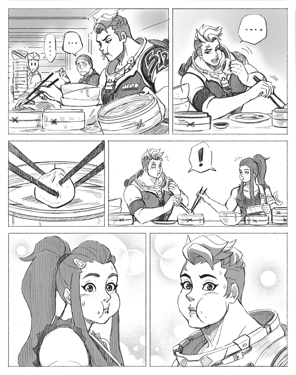 ! ... 2girls bamboo_steamer baozi bowl brigitte_(overwatch) bubble_background cheek_bulge chopsticks comic commentary food food_in_mouth food_on_face hair_ornament hairclip highres ladygt93 long_hair looking_at_another multiple_girls muscle muscular_female overwatch ponytail short_hair shoulder_tattoo sidelocks silent_comic sleeveless sweatdrop tattoo undercut very_short_hair zarya_(overwatch)