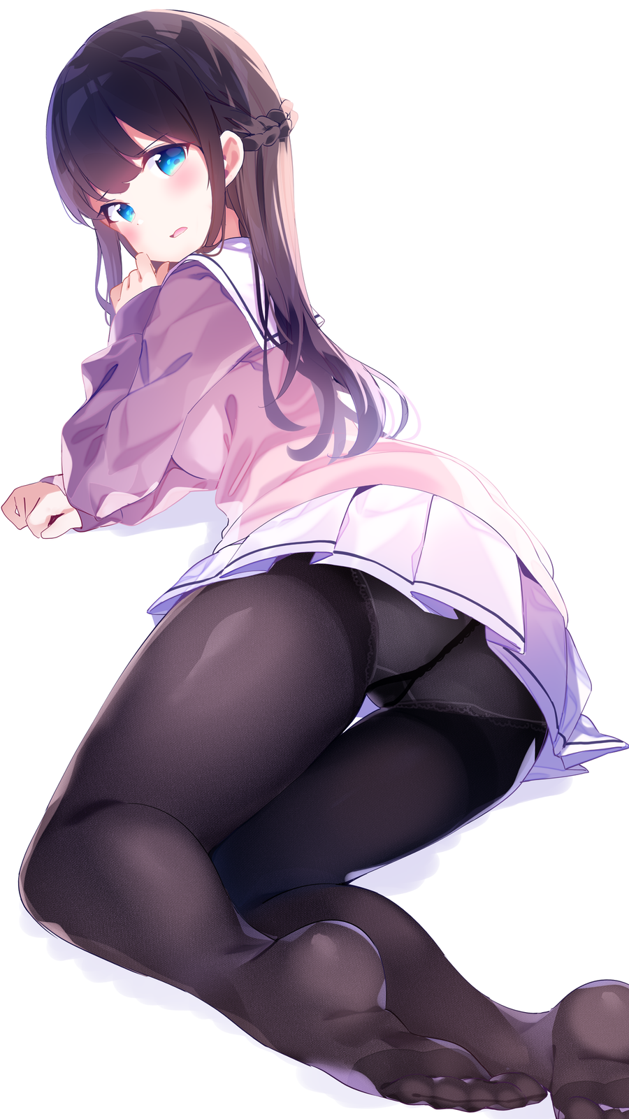 1girl bangs black_legwear blue_eyes blush braid brown_cardigan brown_hair cardigan chikuwa. commentary_request eyebrows_visible_through_hair feet gusset highres long_hair looking_at_viewer looking_back lying no_shoes on_side original panties panties_under_pantyhose pantyhose parted_lips pleated_skirt sailor_collar school_uniform serafuku skirt soles solo underwear very_long_hair white_background white_sailor_collar white_skirt