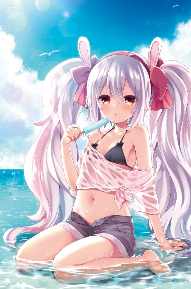 animal_ears azur_lane bare_legs bare_shoulders barefoot beach bikini_top bird breasts clouds cloudy_sky commentary_request expressionless food frilled_shirt frills fummy hair_ornament hair_ribbon laffey_(azur_lane) looking_at_viewer ocean popsicle rabbit_ears red_eyes red_ribbon ribbon seagull seiza shirt short_shorts shorts sitting sky small_breasts solo twintails water wet wet_clothes white_hair