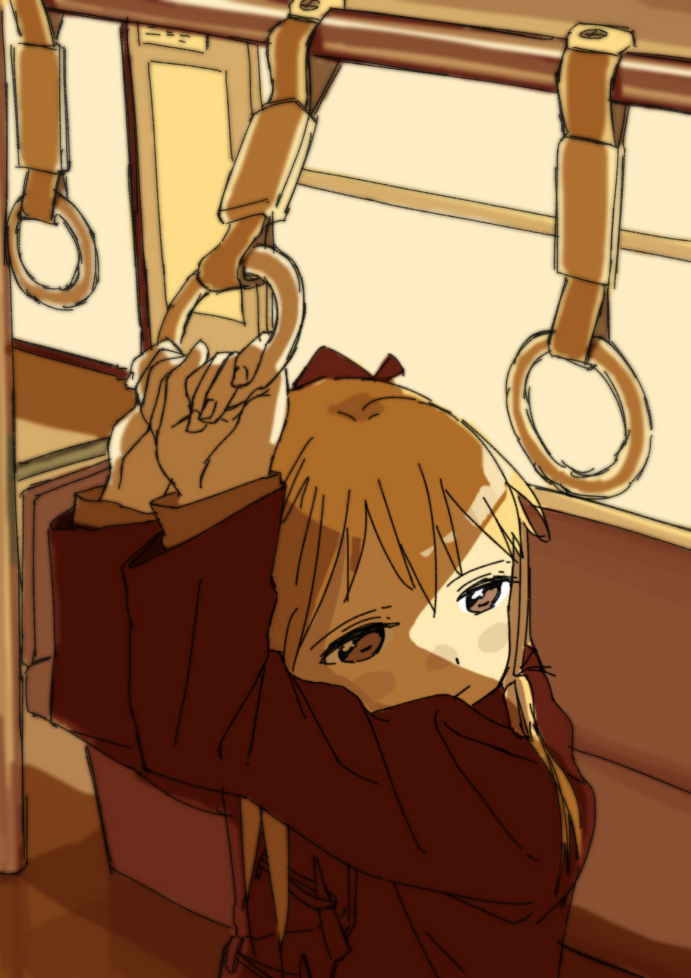 1girl :/ backlighting blonde_hair blush_stickers closed_mouth coat duffel_coat evening expressionless fingernails hand_grip indoors lonely long_hair long_sleeves looking_away solo standing sunlight tareme toshinou_kyouko train_interior uuo window yellow yuru_yuri