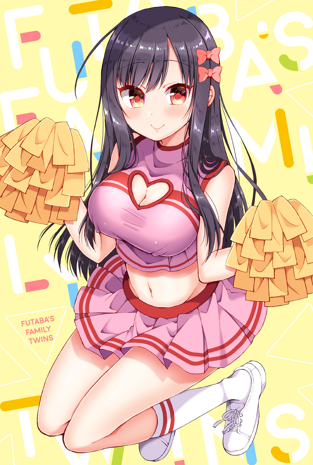 1girl bangs bare_arms black_hair blush bow breasts c: cheerleader cleavage cleavage_cutout closed_mouth commentary_request crop_top english eyebrows_visible_through_hair full_body futaba-san_chi_no_kyoudai futaba_neiko hair_between_eyes hair_bow highres kneehighs knees_together_feet_apart laces large_breasts legs_up long_hair looking_at_viewer midriff miniskirt navel parted_bangs pink_bow pink_shirt pink_skirt pleated_skirt pom_poms red_eyes shiny shiny_hair shirt shoes sidelocks skirt smile solo stomach straight_hair taut_clothes taut_shirt tsukudani_norio white_footwear white_legwear yellow_background