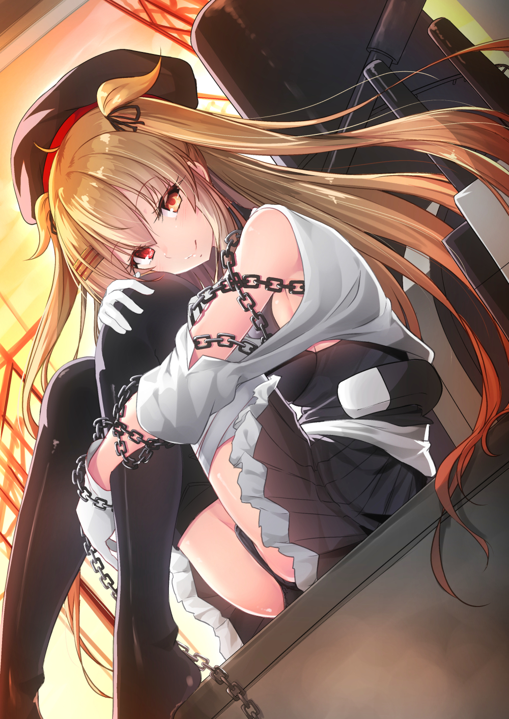 1girl ass asymmetrical_legwear beret black_hat black_legwear black_panties black_serafuku black_skirt blonde_hair breasts chains closed_mouth desk dutch_angle frilled_skirt frills hair_between_eyes hair_ornament hairclip hat highres holding_legs indoors inu3 kantai_collection large_breasts long_hair looking_at_viewer murasame_(kantai_collection) no_shoes on_desk orange_eyes panties pleated_skirt red_eyes remodel_(kantai_collection) rigging school_uniform serafuku sideboob sitting skirt smile smokestack solo sunset two_side_up underwear very_long_hair window