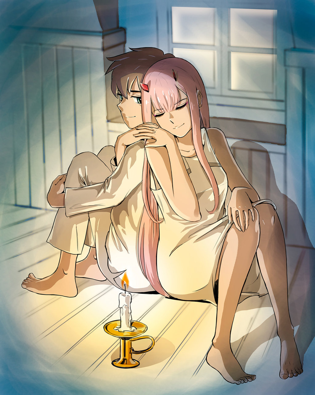 1boy 1girl albyeee back-to-back bangs barefoot black_hair blue_eyes candle candlestand closed_eyes collarbone commentary couple darling_in_the_franxx fingernails fringe hand_holding hand_on_own_knee hetero highres hiro_(darling_in_the_franxx) horns leg_hug long_hair looking_back nightgown oni_horns pajamas pink_hair red_horns short_hair sitting sleeveless white_pajamas zero_two_(darling_in_the_franxx)