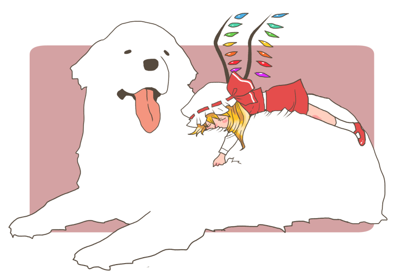 1girl animal blush_stickers closed_eyes dog flandre_scarlet lying on_animal on_stomach onikobe_rin oversized_animal sketch tongue touhou