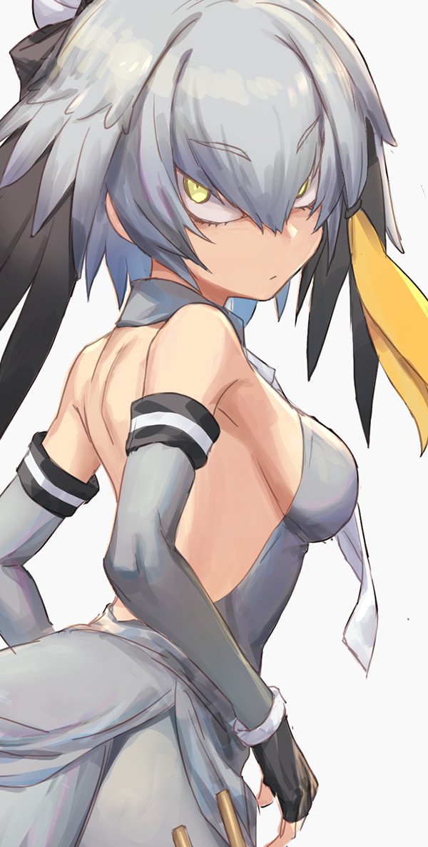 1girl arched_back bare_shoulders black_gloves breasts detached_sleeves eyebrows_visible_through_hair fingerless_gloves from_side gloves green_eyes grey_background grey_legwear guchico hair_between_eyes head_wings kemono_friends looking_at_viewer medium_breasts shoebill_(kemono_friends) sideboob simple_background solo