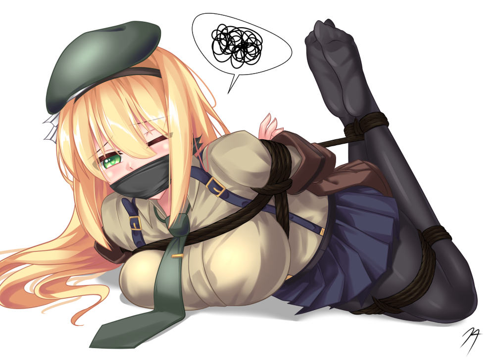 arms_behind_back bdsm beret black_legwear blonde_hair blue_skirt bondage bound breasts brown_jacket commentary_request eyebrows_visible_through_hair eyes_visible_through_hair gag girls_frontline green_eyes green_hat hair_between_eyes hairband hat jacket jinhw2004 large_breasts long_hair lying m1_garand_(girls_frontline) necktie on_stomach one_eye_closed pantyhose pleated_skirt rope signature simple_background skirt soles solo speech_bubble spoken_squiggle squiggle suspender_skirt suspenders tied_up uniform white_background