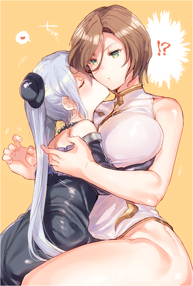 !? 2girls apollonia_vaar bangs bare_arms bare_shoulders bead_necklace beads black_dress black_hat blush breasts brown_hair cheek_kiss closed_eyes commentary_request dress eno_yukimi eyebrows_visible_through_hair fingernails granblue_fantasy green_eyes hair_between_eyes hands_up hat heart hug jewelry kiss large_breasts leotard long_hair long_sleeves mini_hat multiple_girls necklace orange_background orchis parted_lips revision shiny shiny_hair short_hair sidelocks silver_hair sitting sleeveless spoken_heart strapless strapless_dress twintails white_leotard yuri