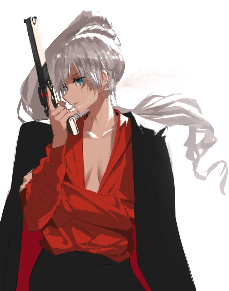 1girl blue_eyes breasts cigarette cleavage dishwasher1910 earrings eyebrows_visible_through_hair eyes_visible_through_hair gun handgun jacket jacket_on_shoulders jewelry mafia revolver rwby scar scar_across_eye smoking weapon weiss_schnee white_hair
