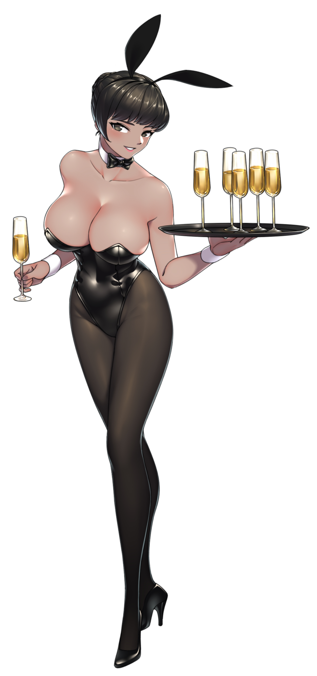 1girl alcohol animal_ears bangs bare_shoulders black_hair black_leotard blush breasts brown_eyes champagne champagne_flute cleavage collarbone commentary_request covered_navel cup dark_skin detached_collar drinking_glass fake_animal_ears full_body high_heels highres holding large_breasts leotard lipstick looking_at_viewer makeup original pantyhose parted_lips rabbit_ears shiny shiny_hair shiny_skin simple_background smile solo strapless strapless_leotard tied_hair tray white_background wrist_cuffs yan_wan