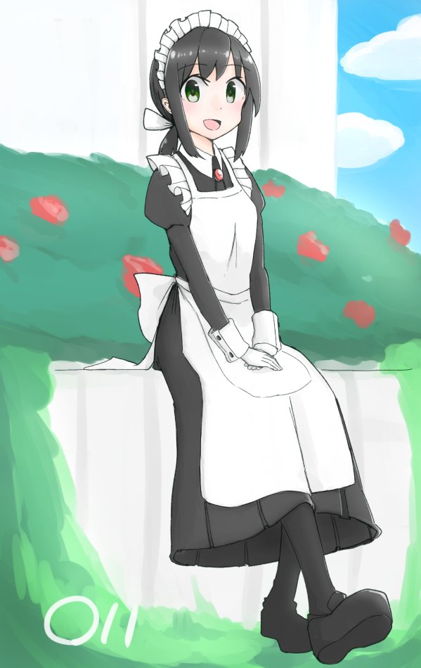 1girl :d alternate_costume apron black_hair black_legwear blue_sky blush clouds cloudy_sky day enmaided fubuki_(kantai_collection) gloves green_eyes juliet_sleeves kantai_collection long_sleeves looking_at_viewer ma_rukan maid maid_headdress open_mouth puffy_sleeves short_ponytail sitting sky smile solo v_arms white_gloves