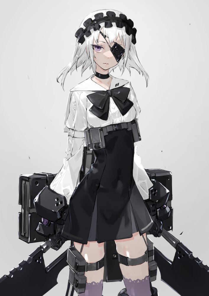 1girl arm_belt bow bowtie choker covered_navel cowboy_shot dual_wielding eyepatch gauntlets grey_background looking_at_viewer maid_headdress neco original serious short_hair solo thigh-highs thigh_strap violet_eyes weapon white_hair