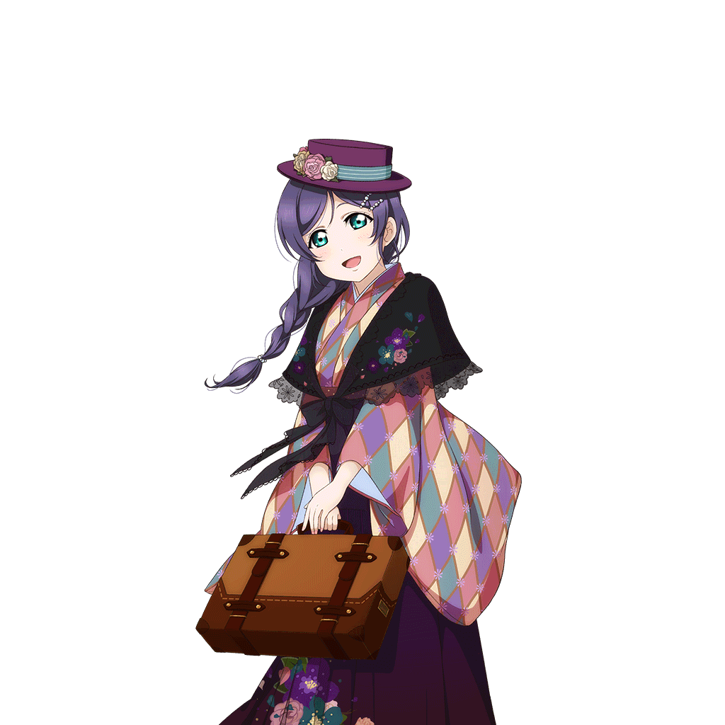 1girl alternate_costume alternate_hairstyle artist_request bag blush braid floral_print flower green_eyes hair_ornament hakama hat holding japanese_clothes kimono long_hair looking_at_viewer love_live! love_live!_school_idol_festival love_live!_school_idol_project meiji_schoolgirl_uniform official_art purple_hair purple_hakama rose school_bag smile solo toujou_nozomi transparent_background