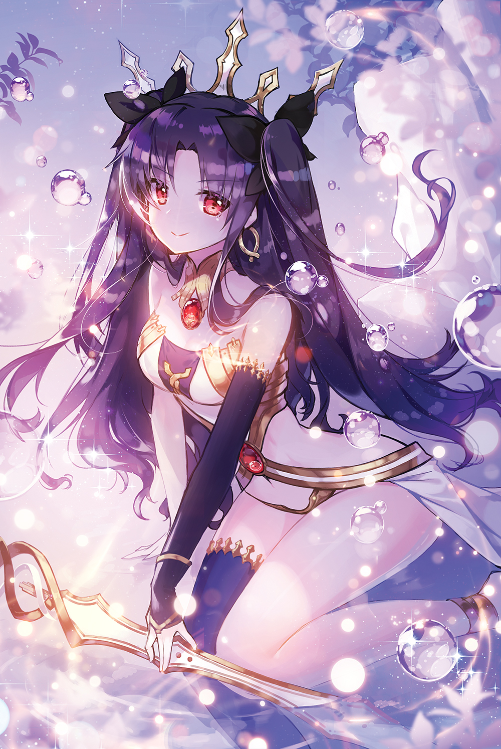 1girl apple_caramel arm_support asymmetrical_legwear asymmetrical_sleeves bangs bare_shoulders black_bow black_hair black_legwear blush bow breasts bridal_gauntlets bubble closed_mouth commentary_request earrings eyebrows_visible_through_hair fate/grand_order fate_(series) hair_bow heavenly_boat_maanna highres holding holding_sword holding_weapon hoop_earrings ishtar_(fate/grand_order) jewelry long_hair looking_at_viewer medium_breasts neck_ring parted_bangs red_eyes single_bridal_gauntlet single_thighhigh smile solo sword thigh-highs tiara two_side_up very_long_hair weapon