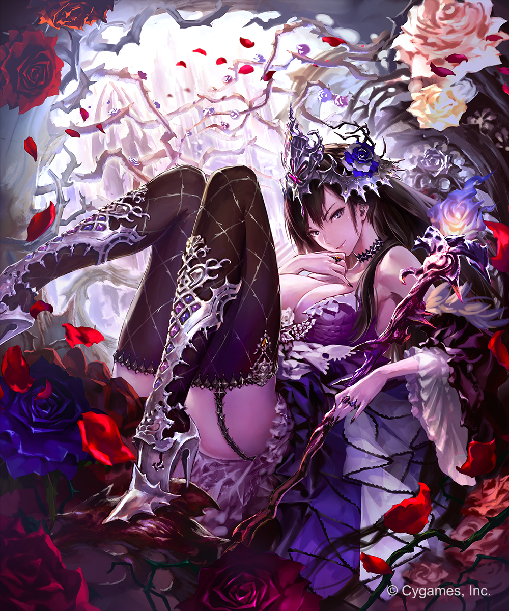 1girl armored_boots bangs black_hair black_legwear black_nails blue_flower boots breasts brown_eyes cleavage detached_sleeves flower garter_straps hair_flower hair_ornament high_heel_boots high_heels highres hisakata_souji jewelry large_breasts long_hair looking_at_viewer nail_polish petals red_flower ring rose shingeki_no_bahamut sitting smile solo thigh-highs