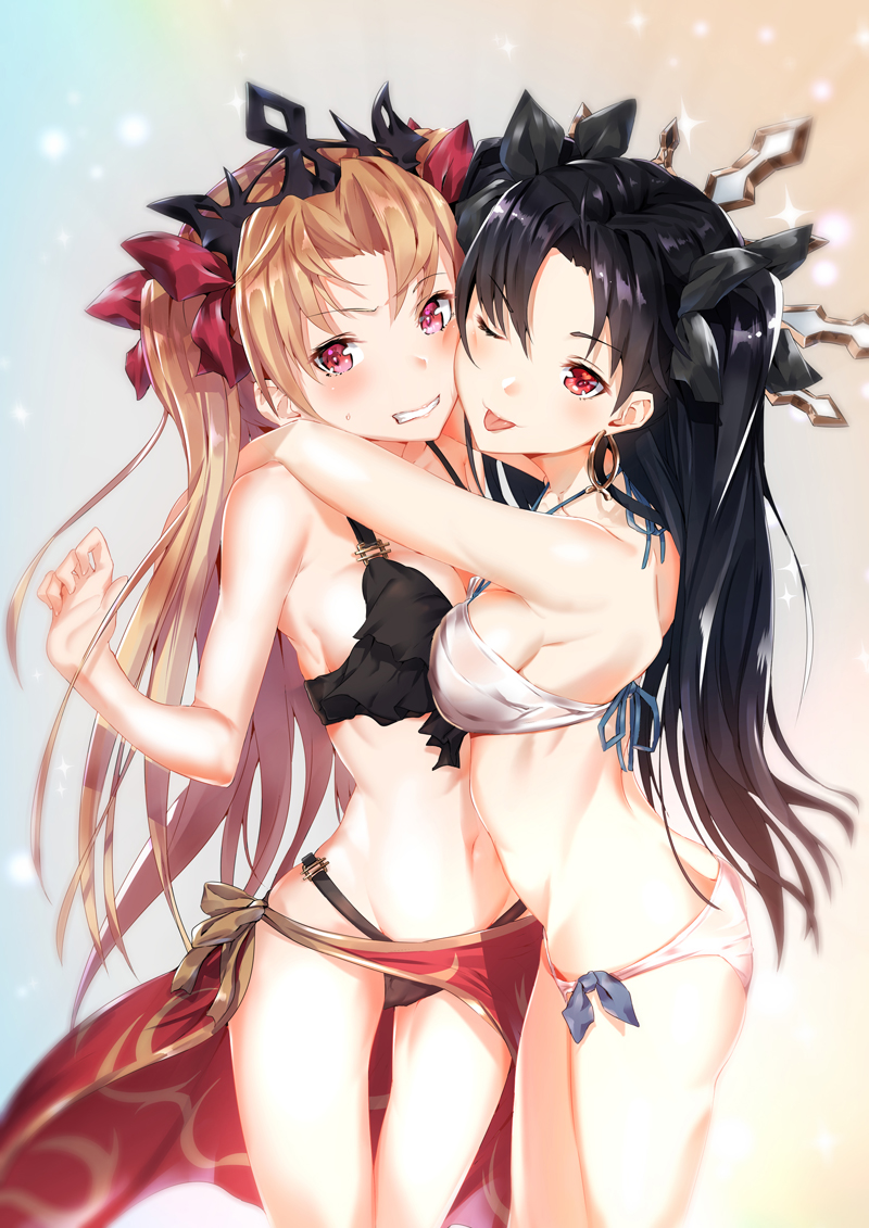 2girls bikini black_bikini black_hair board_game ereshkigal_(fate/grand_order) fate/grand_order fate_(series) go ishtar_(fate/grand_order) ishtar_(puzzle_&amp;_dragons) looking_at_viewer multiple_girls orange_hair red_eyes sahara386 summer swimsuit tohsaka_rin white_bikini