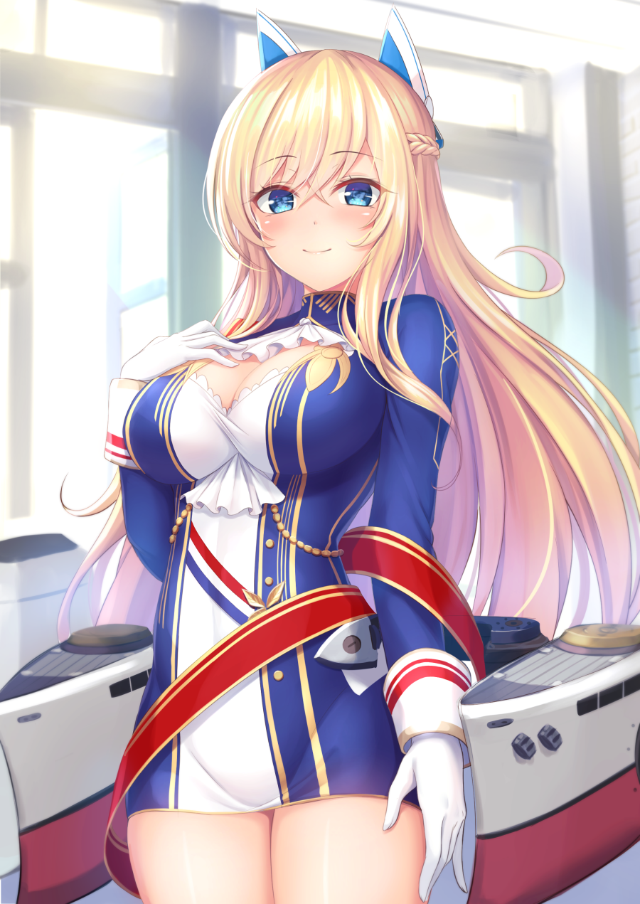 1girl arm_at_side ascot azur_lane bangs blonde_hair blue_eyes blush braid breasts cleavage closed_mouth cowboy_shot crossed_bangs day dress eyebrows_visible_through_hair glorious_(azur_lane) gloves hair_between_eyes hand_on_own_chest headgear highres indoors large_breasts long_hair long_sleeves looking_at_viewer machinery mutsuba_fumi rigging sash sidelocks solo standing thighs very_long_hair white_gloves window